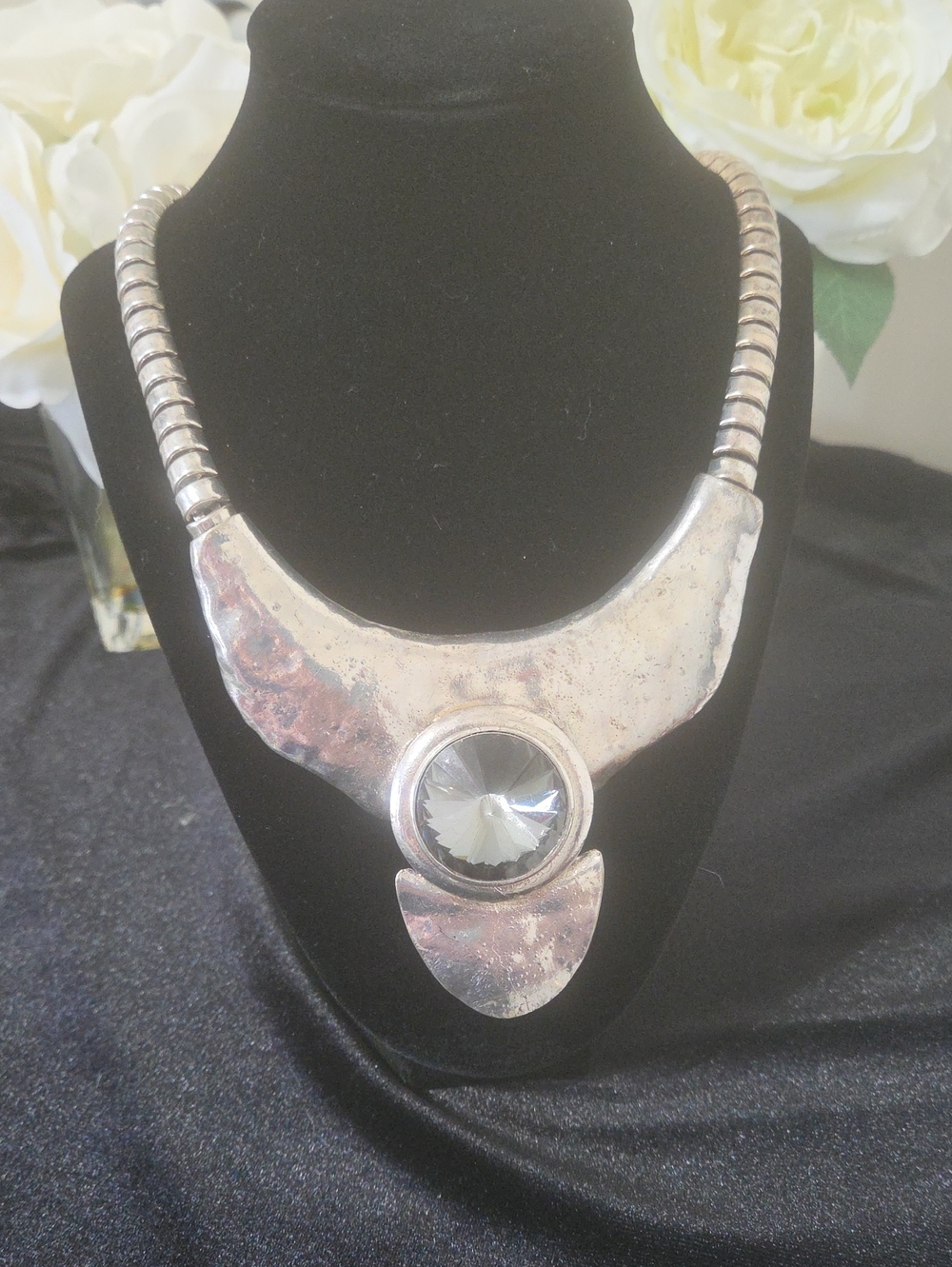 Silver-Tone Statement Necklace with Blue/Grey Crystal Accent